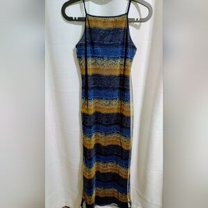 (4/$20) Emblem Blue and Gold Sleeveless Spaghetti Strap Maxi Dress